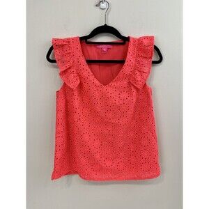 Lilly Pulitzer Lina Eyelet Top Spicy Coral Pink Neon Sunburst XS